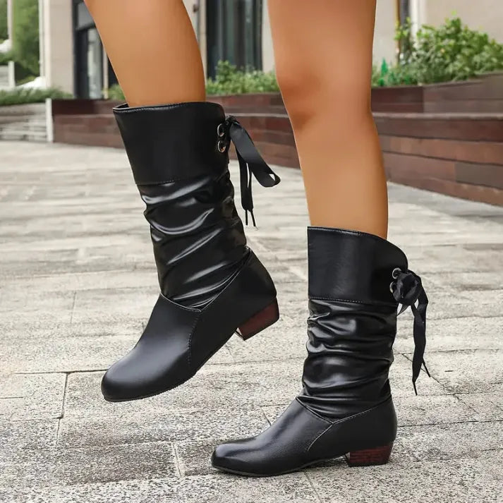 Women's Ruched Mid-Calf Boots, Bow Back Low Heel