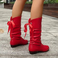 Women's Ruched Mid-Calf Boots, Bow Back Low Heel 7
