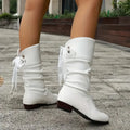 Women's Ruched Mid-Calf Boots, Bow Back Low Heel 9