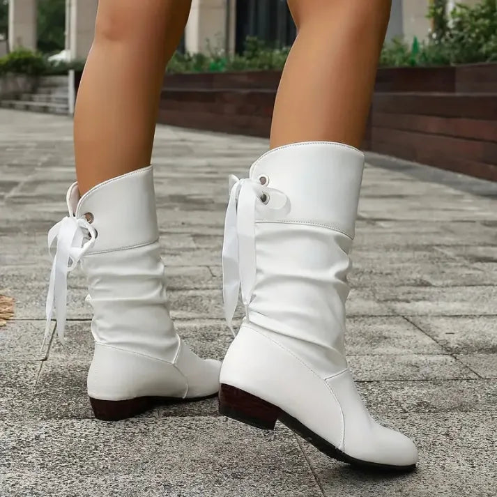 Women's Ruched Mid-Calf Boots, Bow Back Low Heel