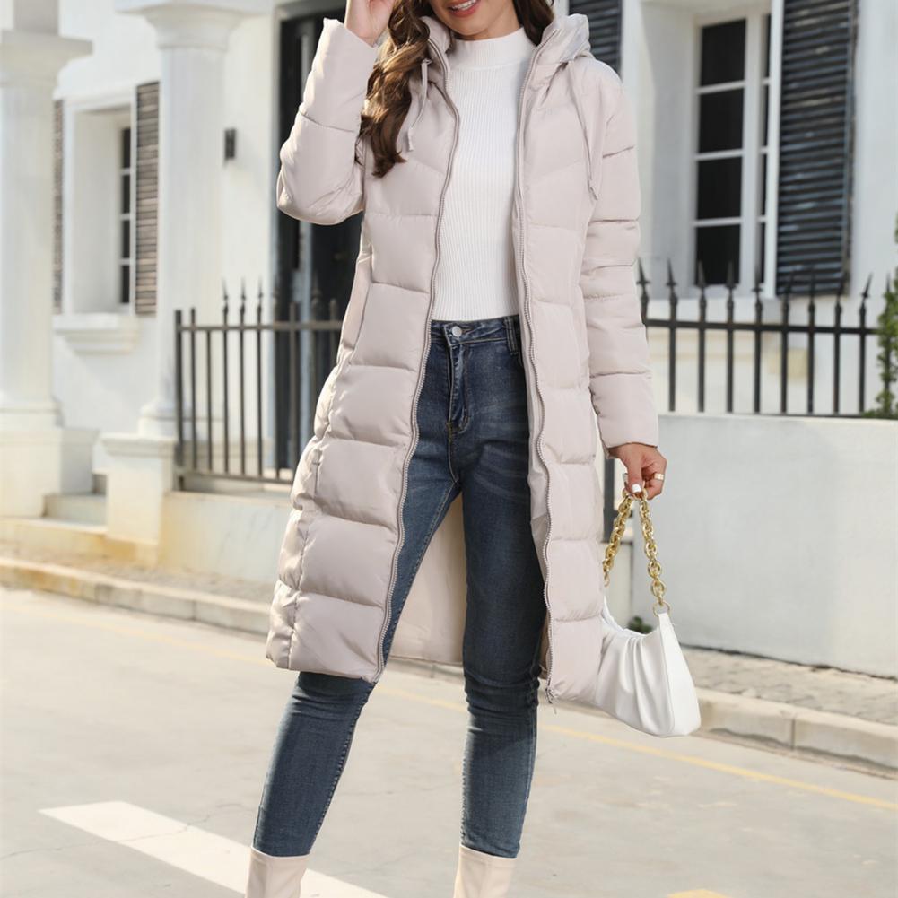 Long Hooded Puffer Jacket with Side Pockets for Women