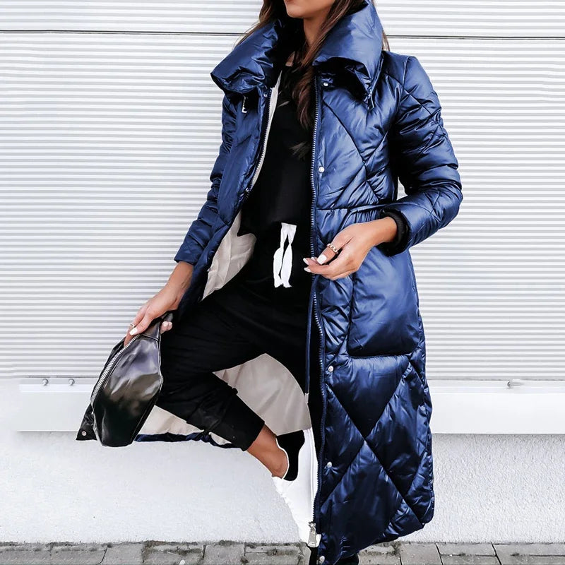 Women's Shiny Long Puffer Coat, Diamond Quilted High Collar