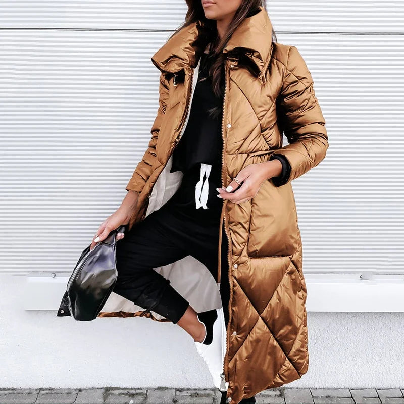 Women's Shiny Long Puffer Coat, Diamond Quilted High Collar