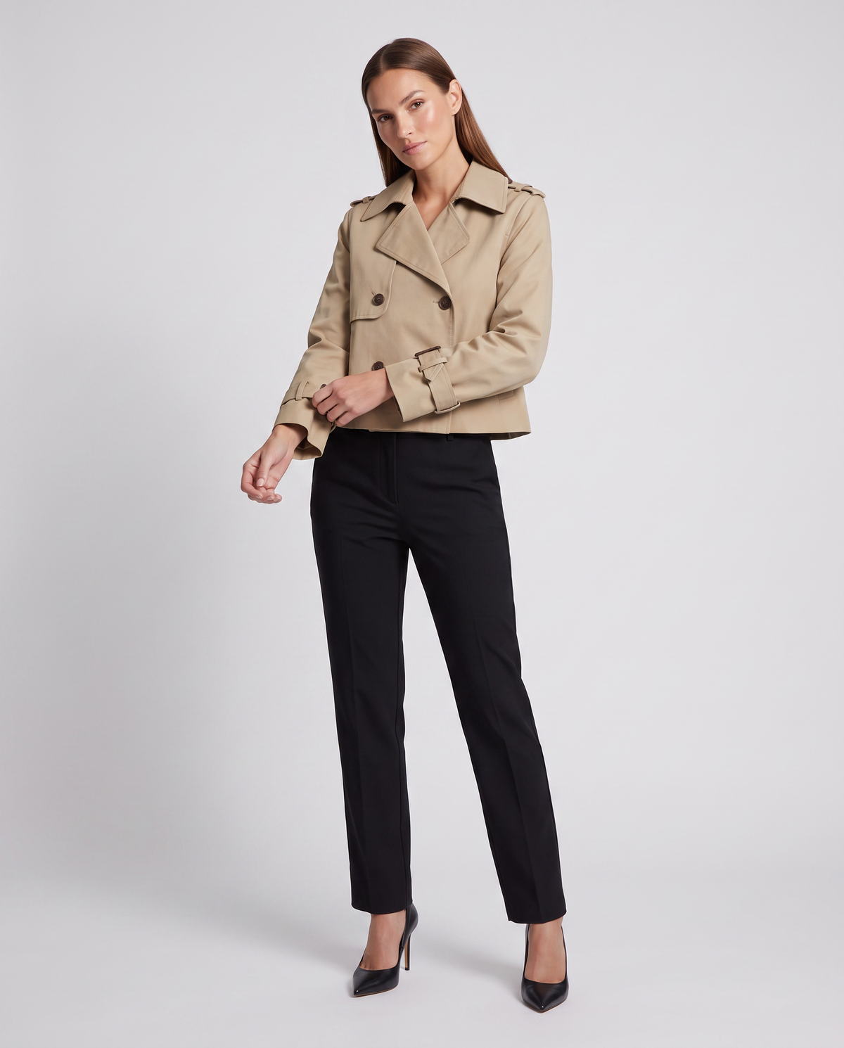 Khaki Double-Breasted Cropped Trench Jacket for Women