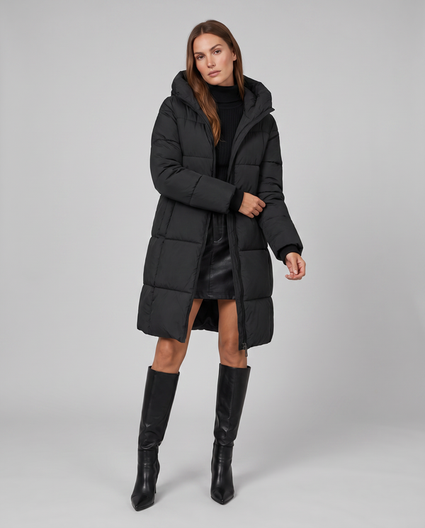 Black Quilted Puffer Coat for Women