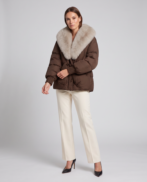 Brown Puffer Jacket with Faux Fur Collar for Women