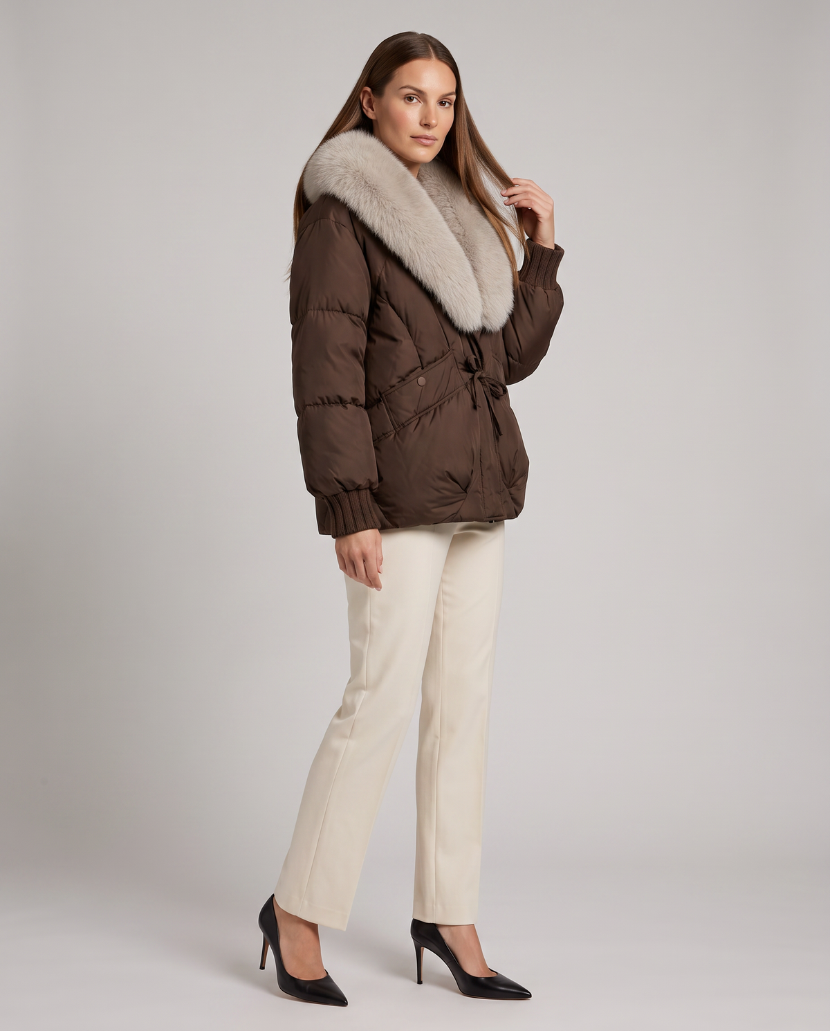 Brown Puffer Jacket with Faux Fur Collar for Women