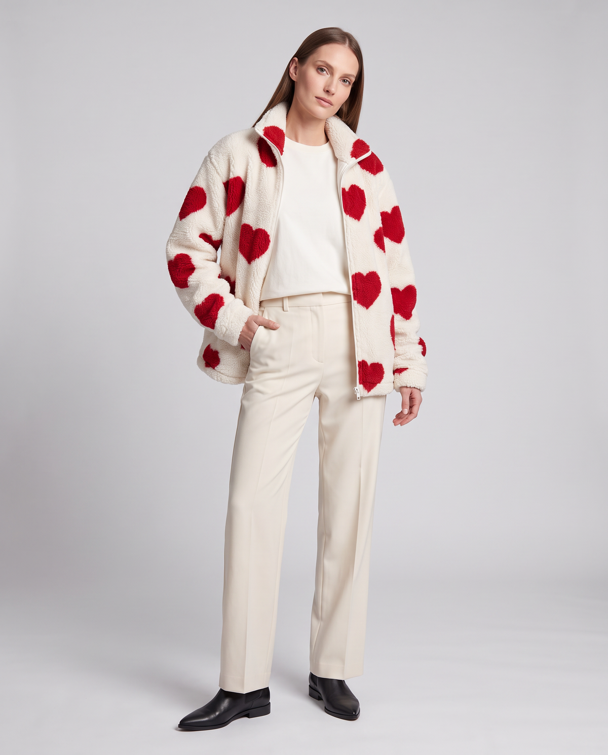 Heart Print Teddy Fleece Jacket for Women