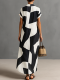 Cotton Linen Geometric Print Lapel Single-Breasted Short Sleeve Maxi Shirt Dress 2