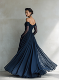 Women's Dark Blue Chiffon Organza Maxi Dress Off-Shoulder Long Sleeve Fitted 5
