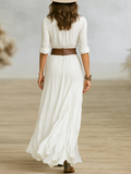 Cotton Linen Pleated Lapel Single-Breasted Long Sleeve Maxi Dress 5