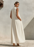 Women's Cream Linen Blend Maxi Dress Stand Collar V-Neck Sleeveless 5