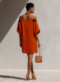 Women's Orange Off-Shoulder Mini Dress Black Bow Neck Detail 5