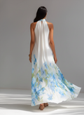 Women's White Printed Chiffon Maxi Dress Halter Neck Sleeveless 5