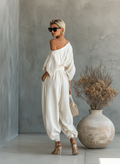Off-White Linen Off-Shoulder Top and Tapered Pants Co-ord Set 5