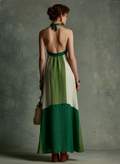 Women's Linen Cotton Halter V-Neck Maxi Dress Color Block Green White 5