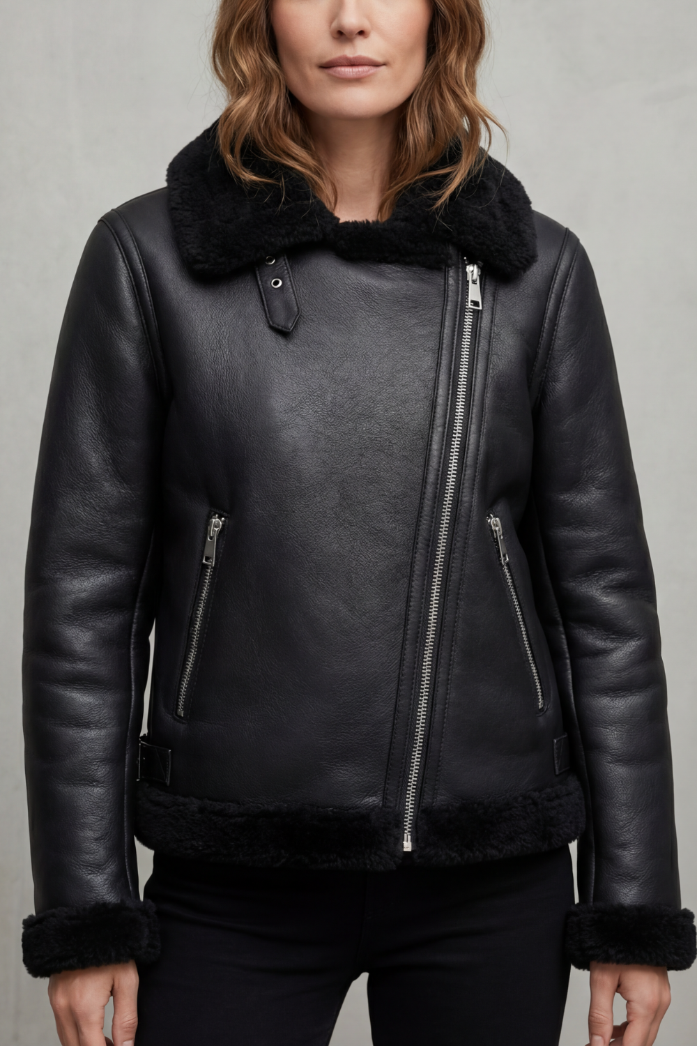 Zinnia | Asymmetrical Zip Shearling Biker Jacket for Women