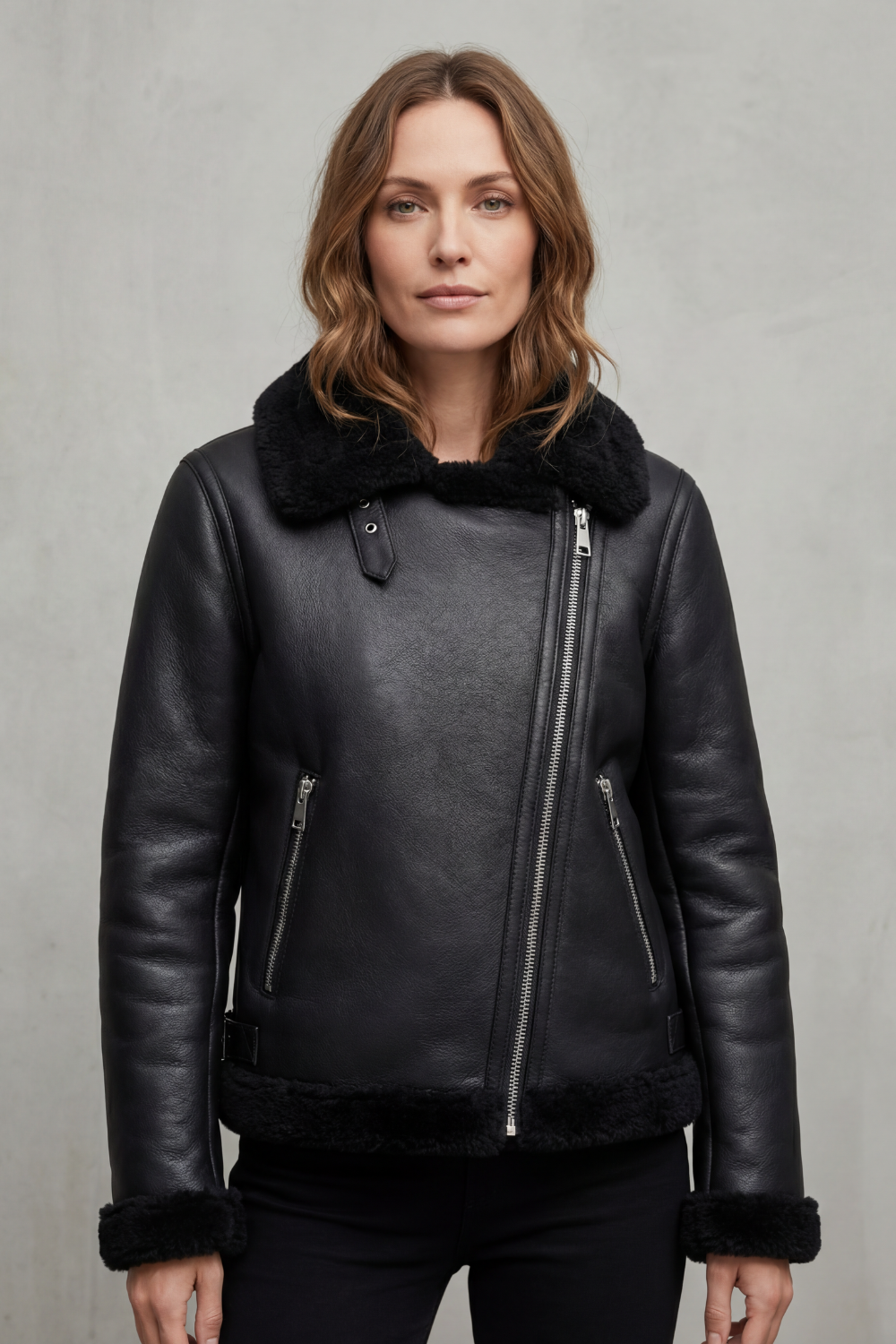 Women's Faux Leather Biker Jacket, Black Shearling Collar