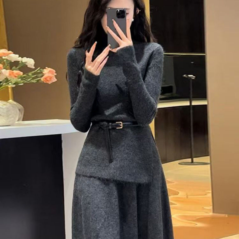 Annabel | Belted Asymmetric Knit Turtleneck Midi Dress for Women