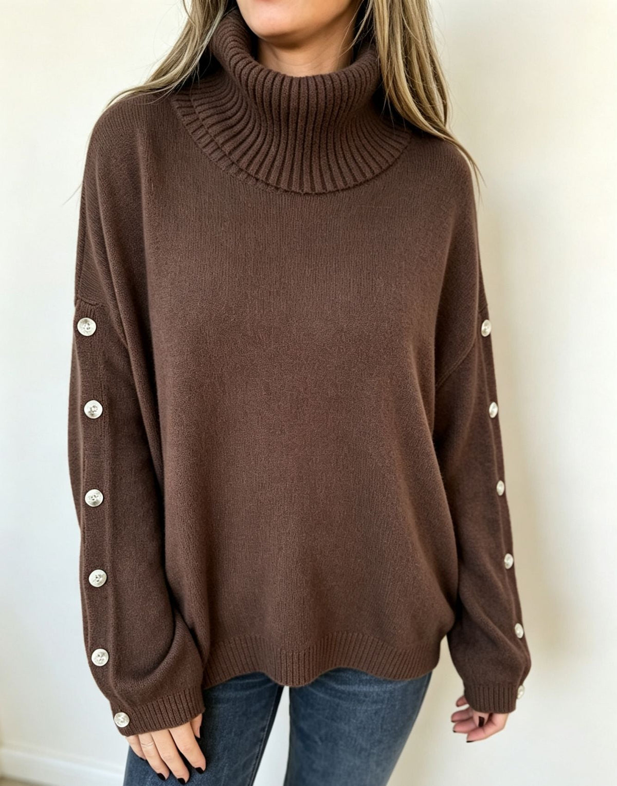 Mara | Oversized Turtleneck Sweater with Button Sleeves for Women