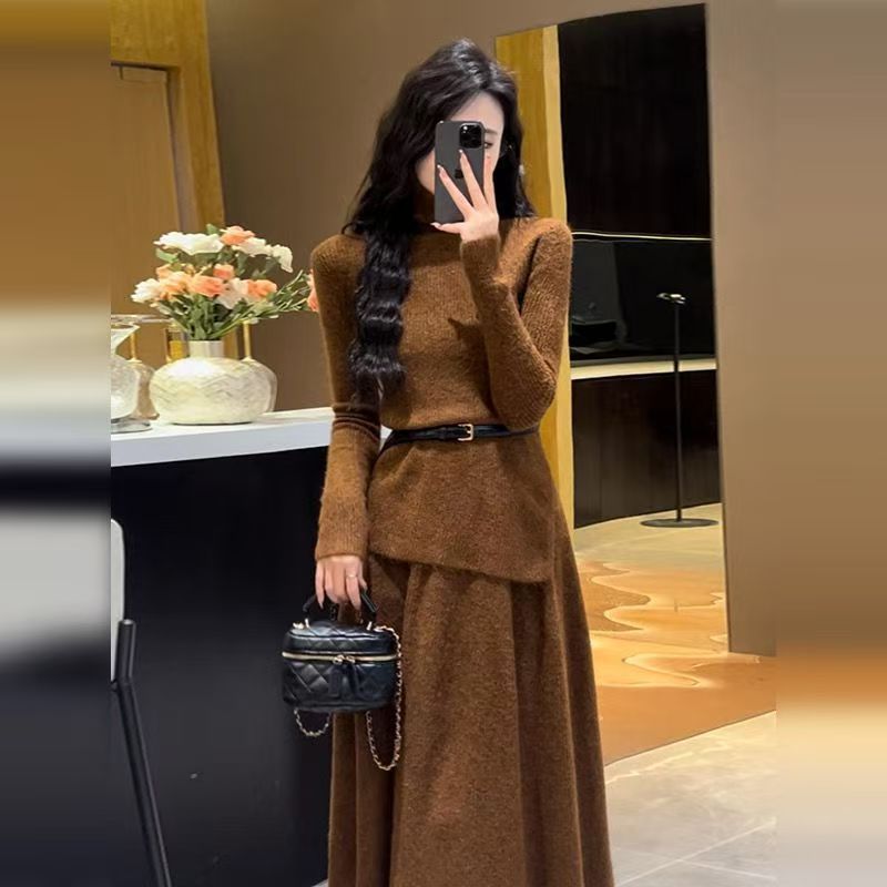 Annabel | Belted Asymmetric Knit Turtleneck Midi Dress for Women