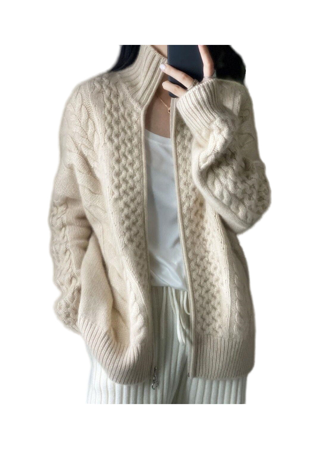 Marit | Long Oversized Cable Knit Mock Neck Sweater for Women