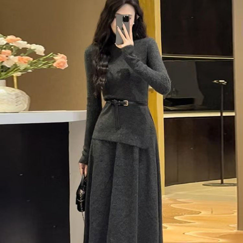 Annabel | Belted Asymmetric Knit Turtleneck Midi Dress for Women
