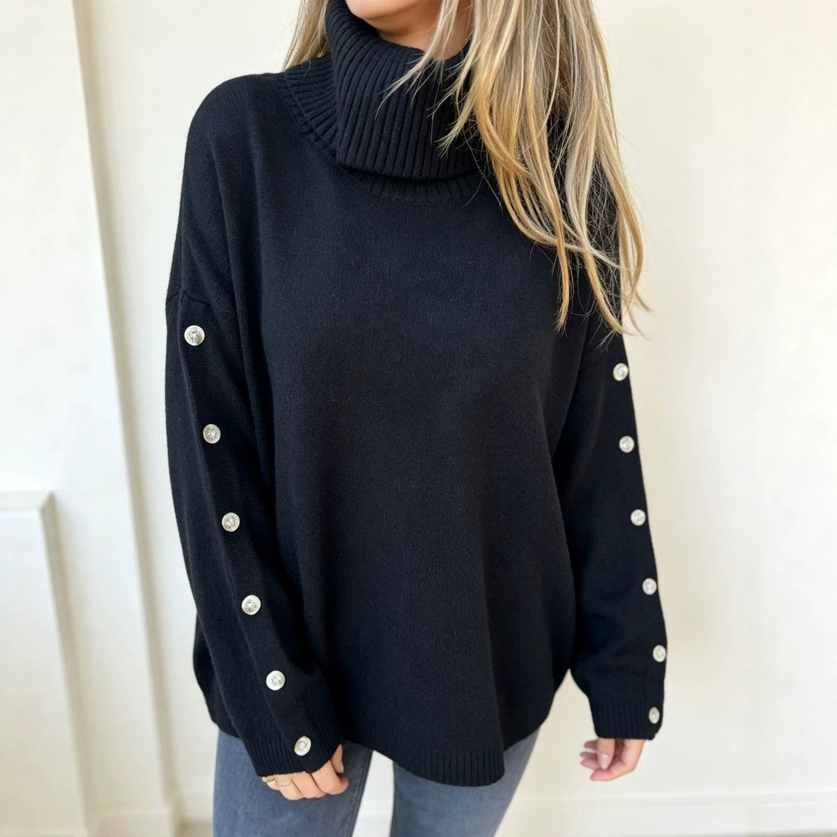 Mara | Oversized Turtleneck Sweater with Button Sleeves for Women