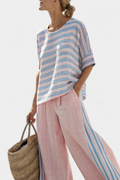 Linen Blouse and Soft Pants Set Pink Blue Relaxed 2