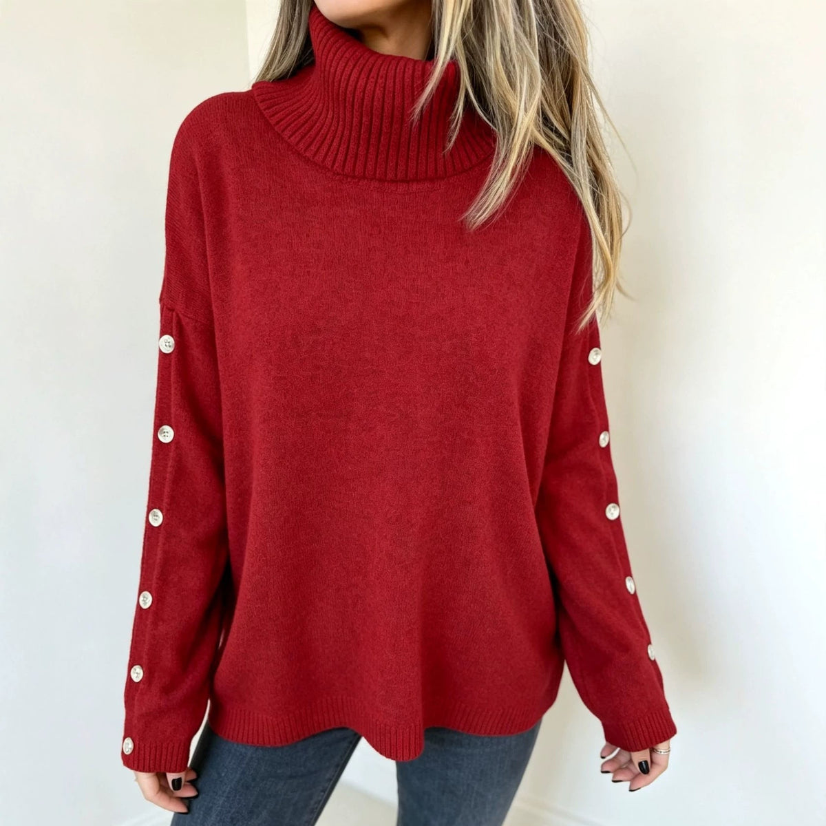 Mara | Oversized Turtleneck Sweater with Button Sleeves for Women