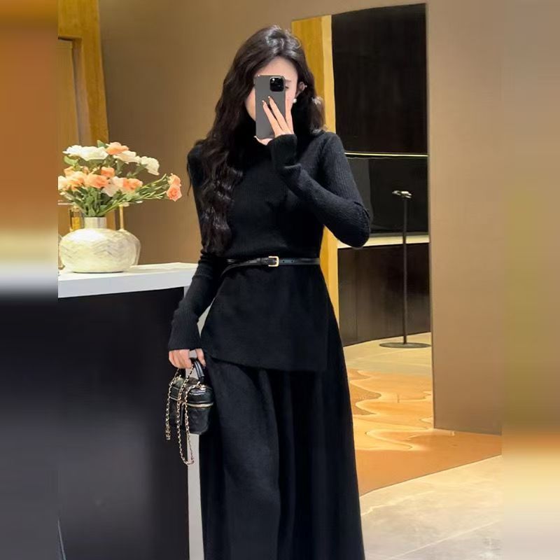 Annabel | Belted Asymmetric Knit Turtleneck Midi Dress for Women