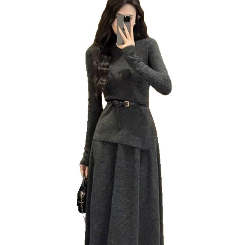 Annabel | Belted Asymmetric Knit Turtleneck Midi Dress for Women