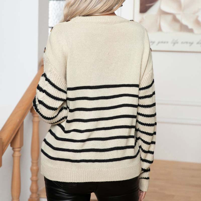 Saskia | Striped Cable Knit Sweater with Shoulder Buttons for Women