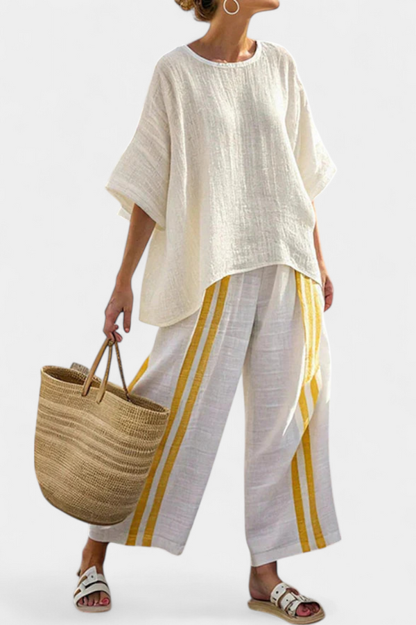 Yellow Striped Linen Top and Wide-Leg Pants Set