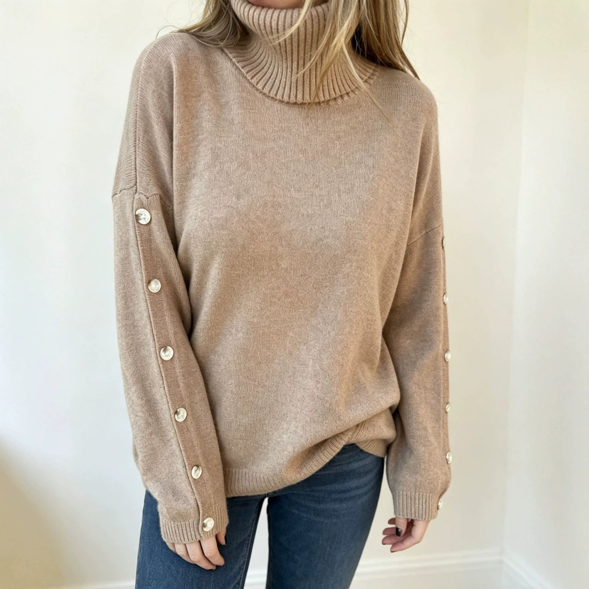 Mara | Oversized Turtleneck Sweater with Button Sleeves for Women