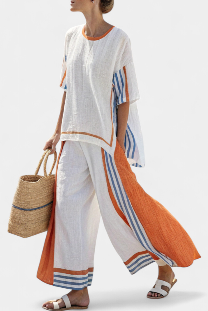 Wide-Leg Striped Linen Pants and Top Set Relaxed