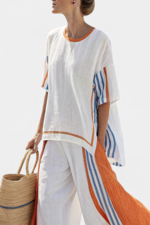 Wide-Leg Striped Linen Pants and Top Set Relaxed