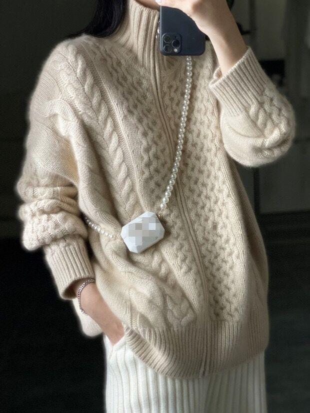 Marit | Long Oversized Cable Knit Mock Neck Sweater for Women