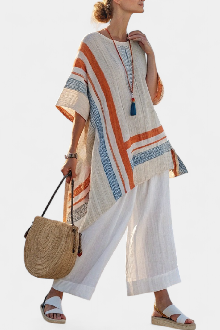 Asymmetrical Blouse and Wide-Leg Linen Pants Set
