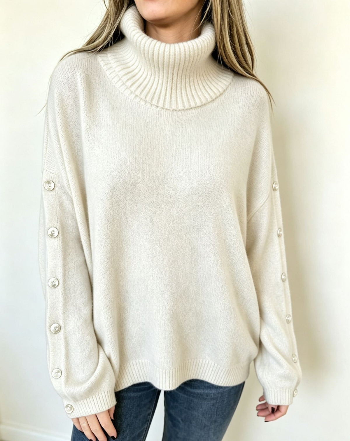 Mara | Oversized Turtleneck Sweater with Button Sleeves for Women