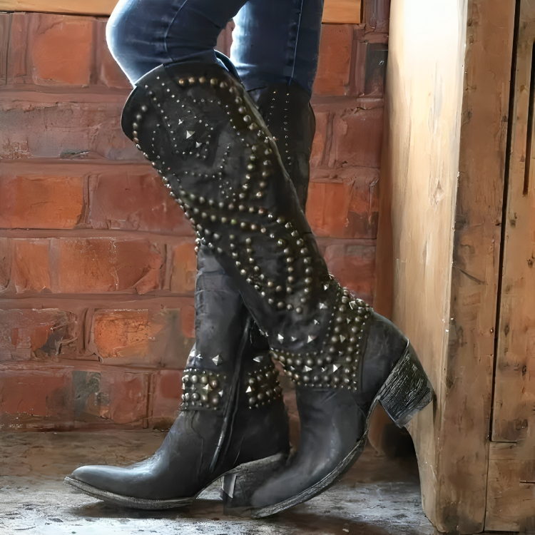 Women's Cowboy Boots, Studded Knee High Western Block Heel