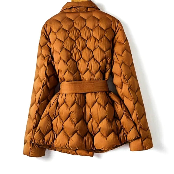 Quilted Puffer Jacket with Diamond Quilting and Tie Belt for Women