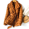 Quilted Puffer Jacket with Diamond Quilting and Tie Belt for Women 1