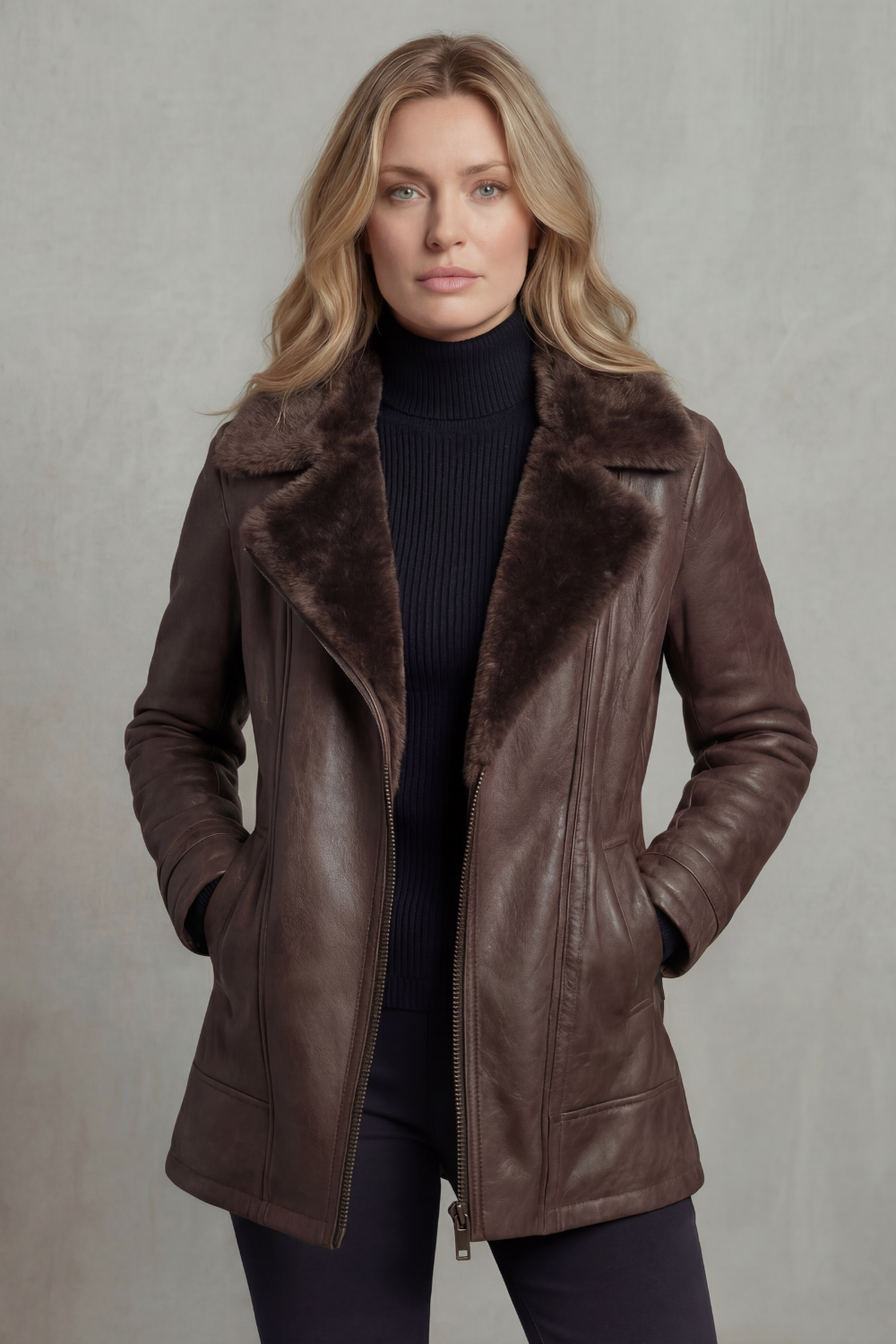 Women's Faux Leather Jacket, Brown with Faux Fur Collar
