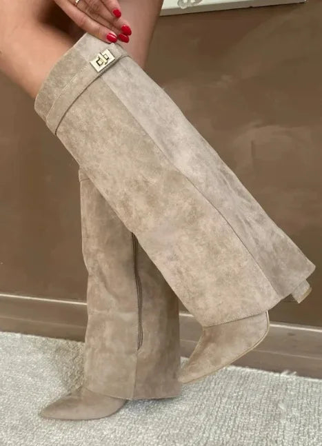 Women's Knee High Boots, Pointed Toe Fold-Over Shaft with Buckle