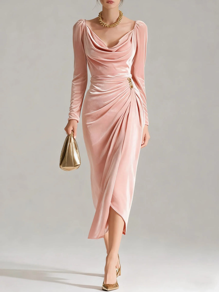 Vivienne | Velvet Cowl Neck Ruched Midi Dress for Women