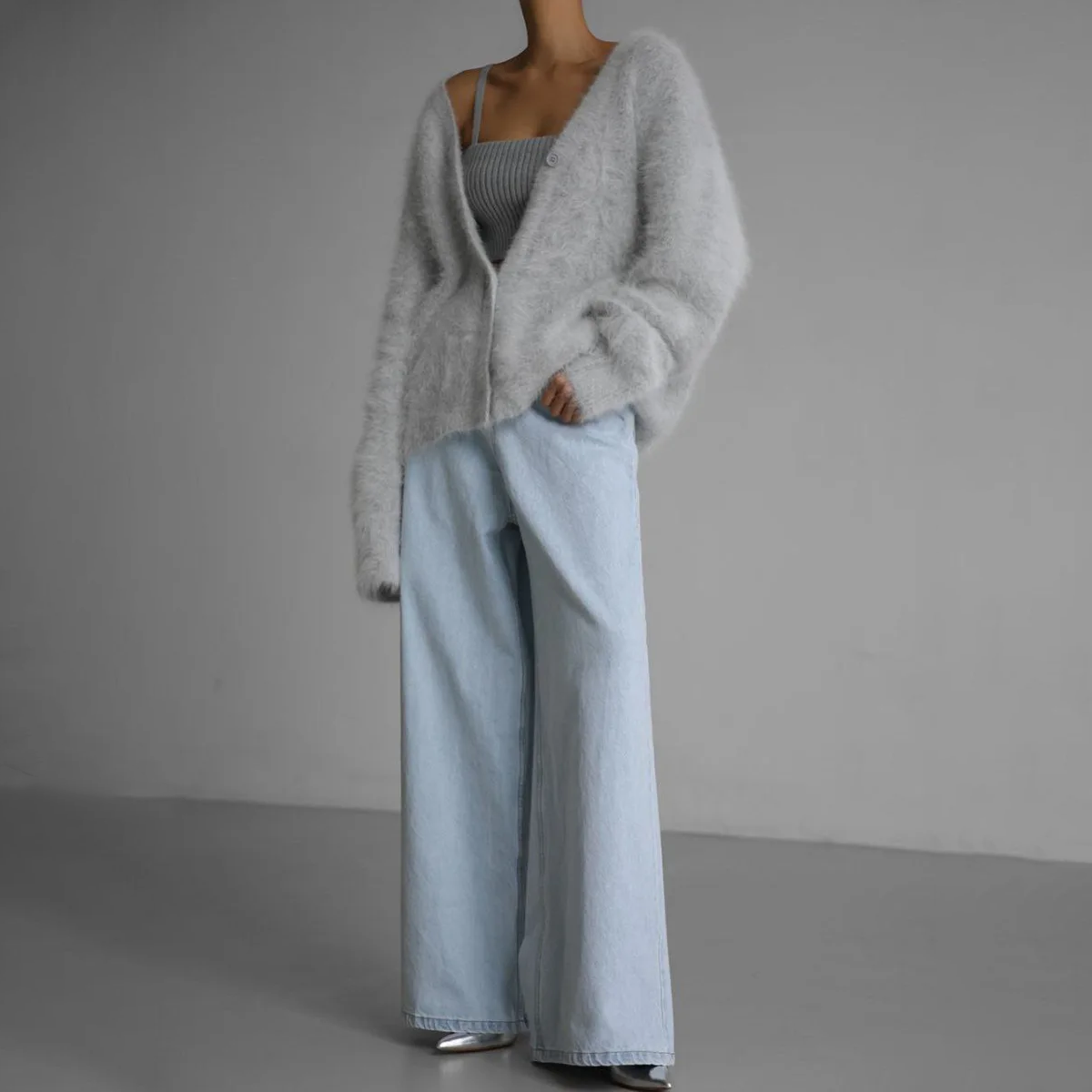 Women's Fluffy Cardigan, Oversized V-Neck Button Up