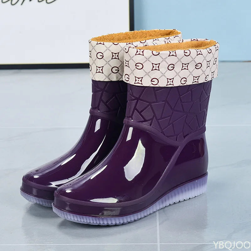 Women's Mid-Calf Wellington Boots, Geometric Pattern Glossy