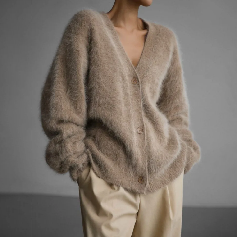 Women's Fluffy Cardigan, Oversized V-Neck Button Up