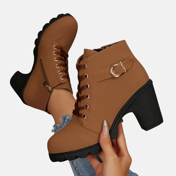 Monte-Claire | Buckle Strap Lace-Up Ankle Boots for Women